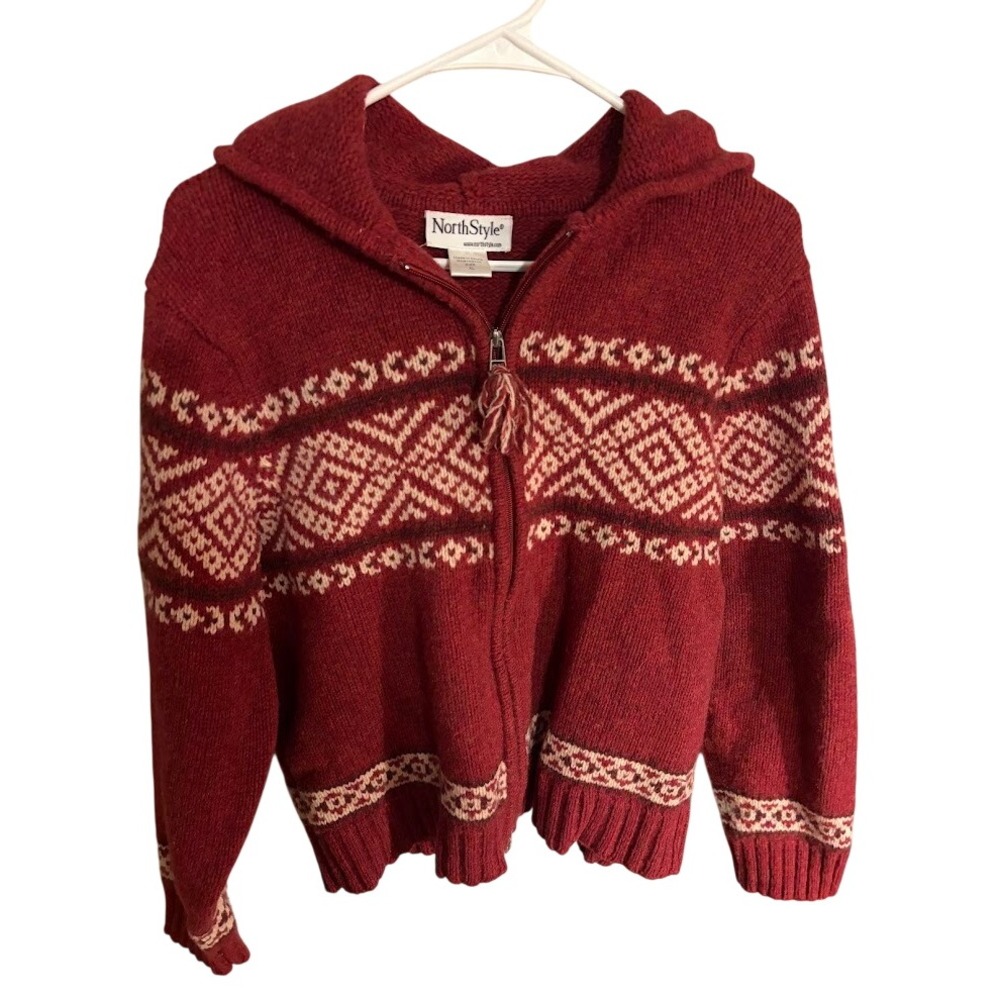 90's NorthStyle Womens cabin XL Red Fair Isle Full Zip Hooded Sweater Knit